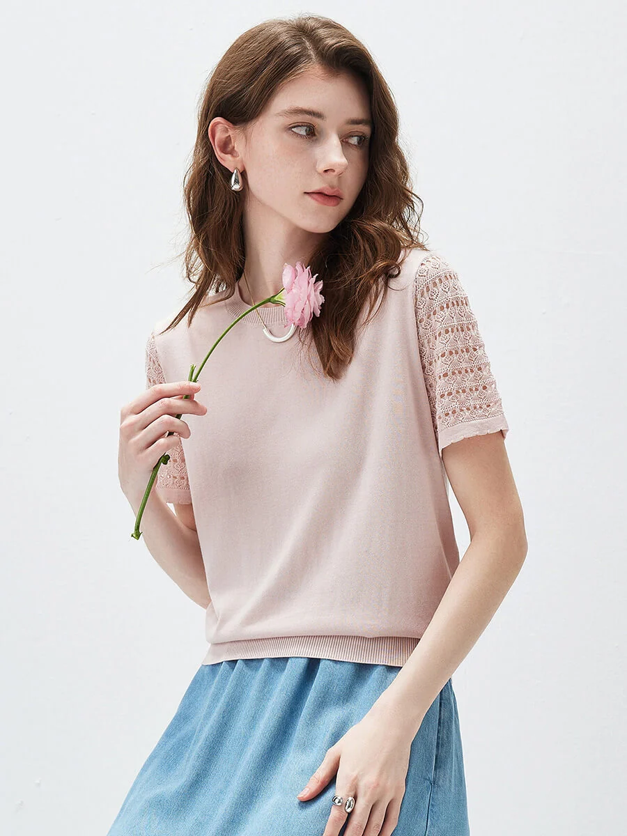 Women's Lace Round Neck Knit T-Shirt - Image 20