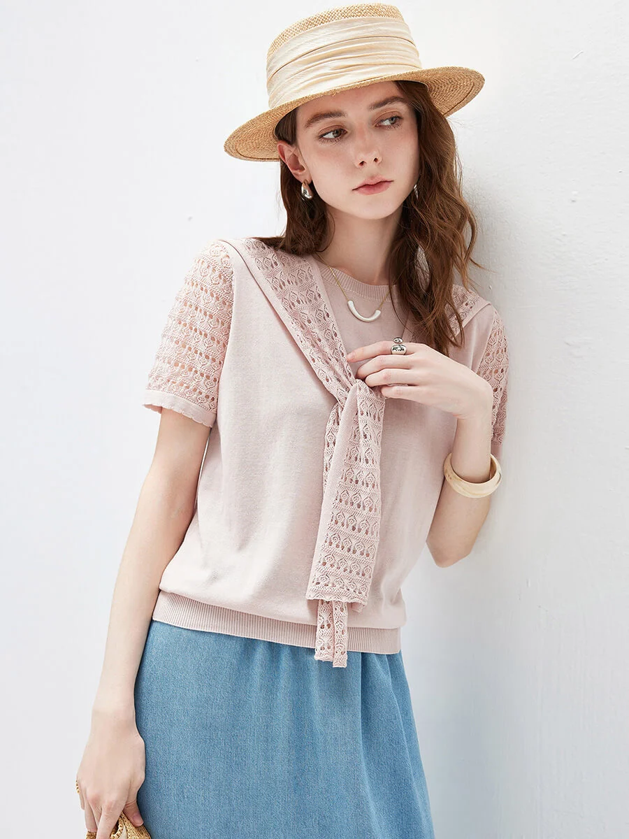 Women's Lace Round Neck Knit T-Shirt - Image 21
