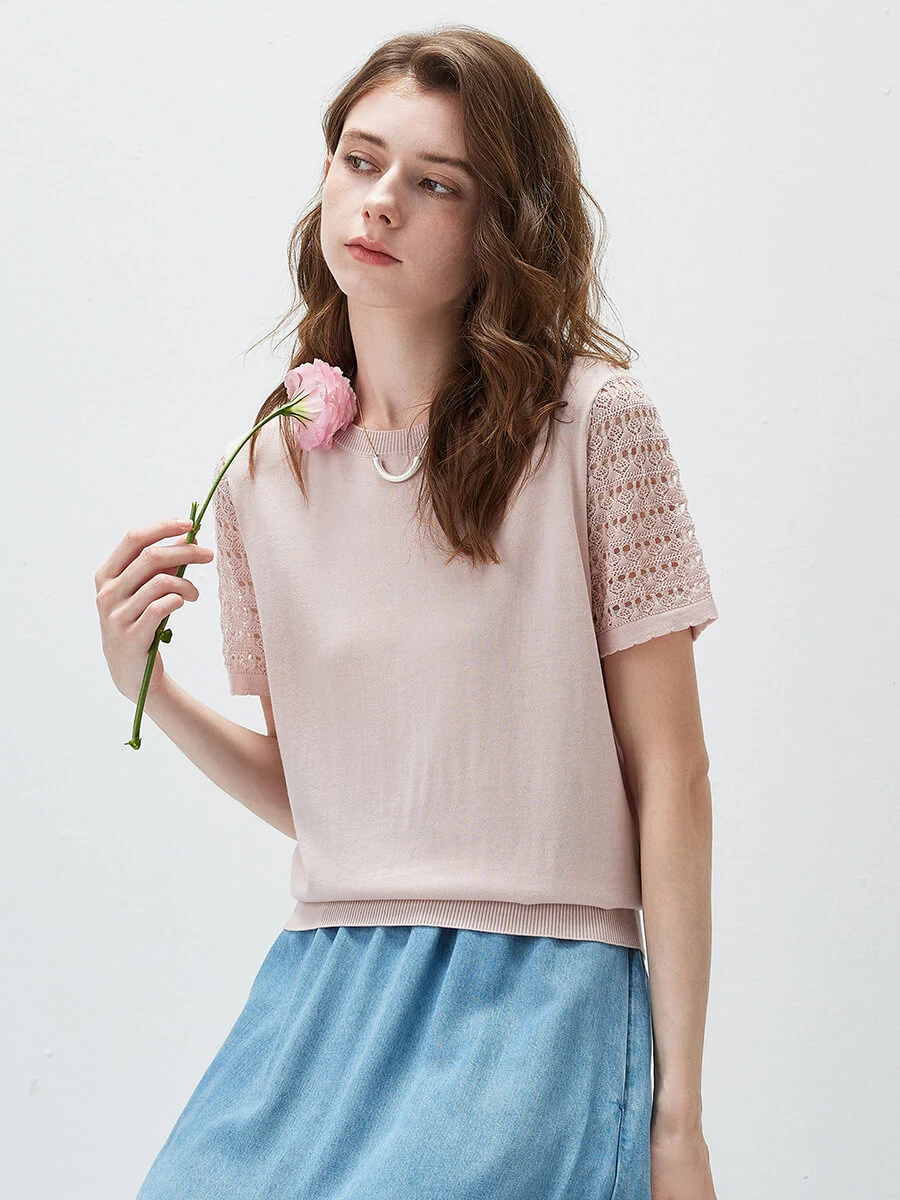 Women's Lace Round Neck Knit T-Shirt - Image 22