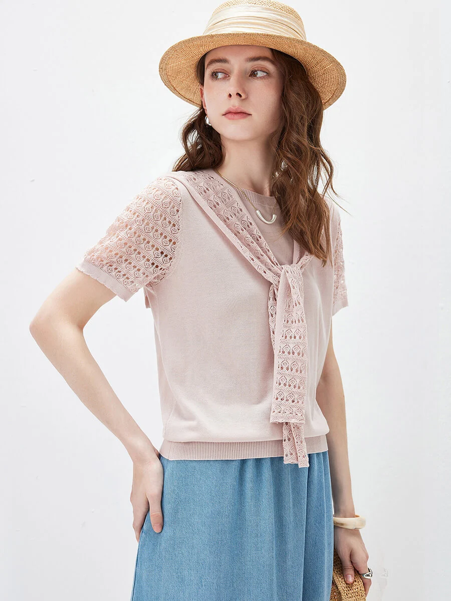 Women's Lace Round Neck Knit T-Shirt - Image 23