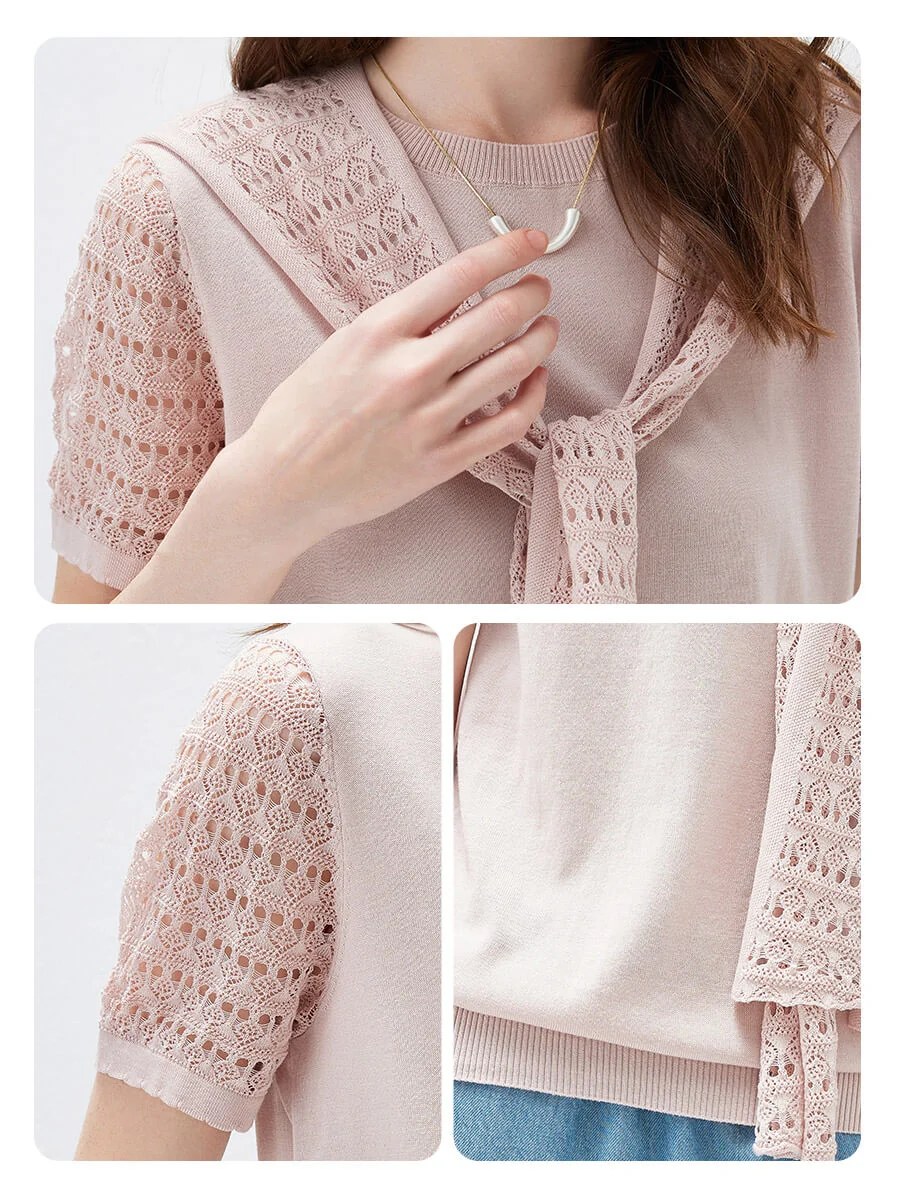 Women's Lace Round Neck Knit T-Shirt - Image 27