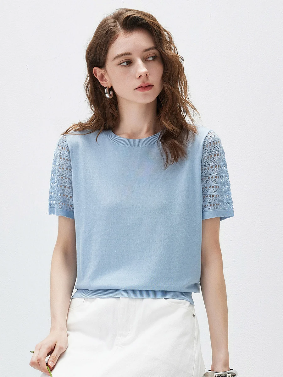 Women's Lace Round Neck Knit T-Shirt - Image 29