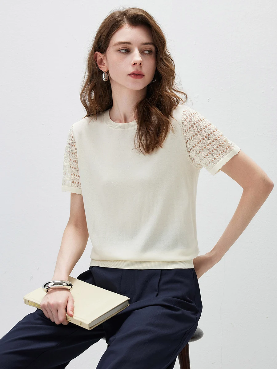 Women's Lace Round Neck Knit T-Shirt - Image 4