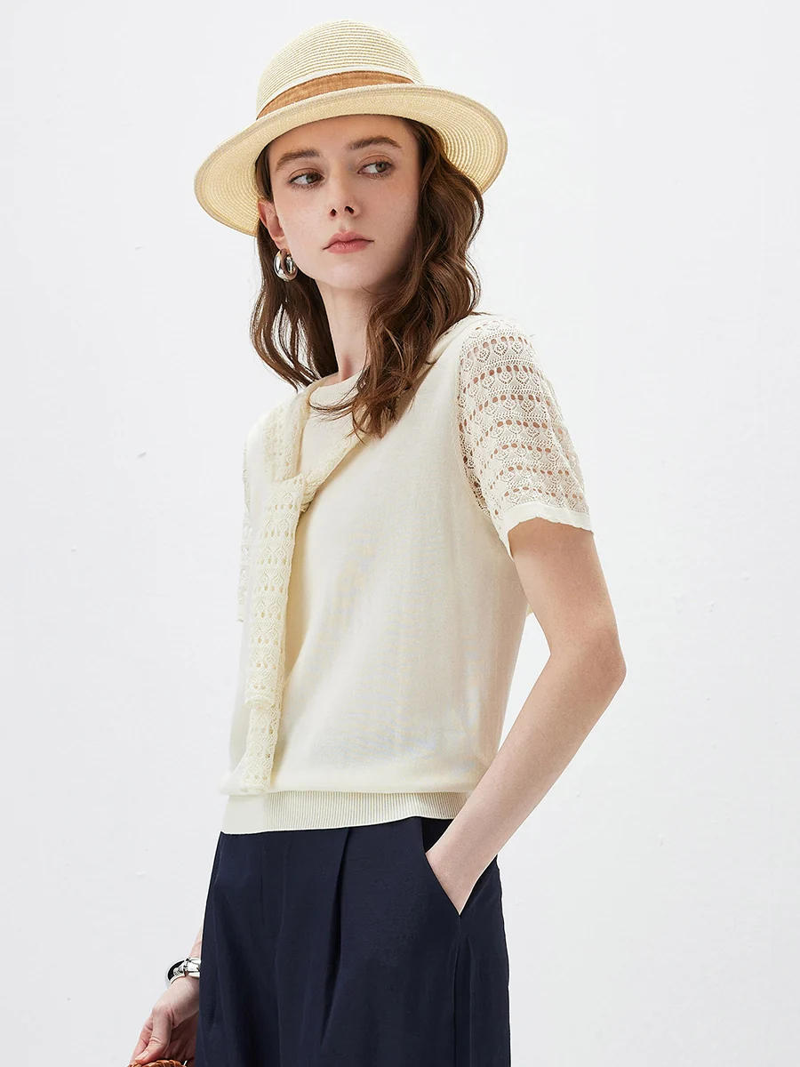 Women's Lace Round Neck Knit T-Shirt - Image 5