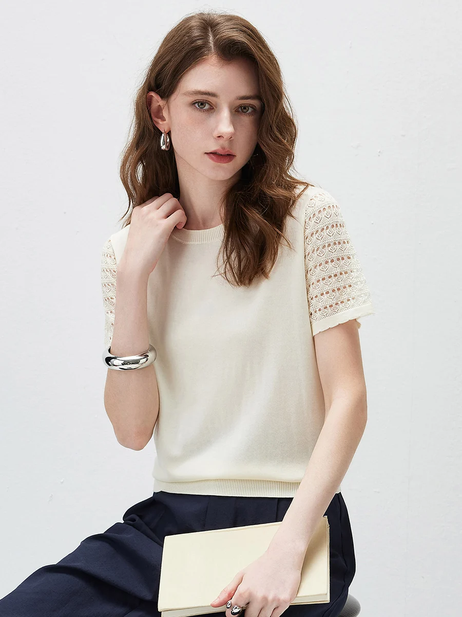 Women's Lace Round Neck Knit T-Shirt - Image 6