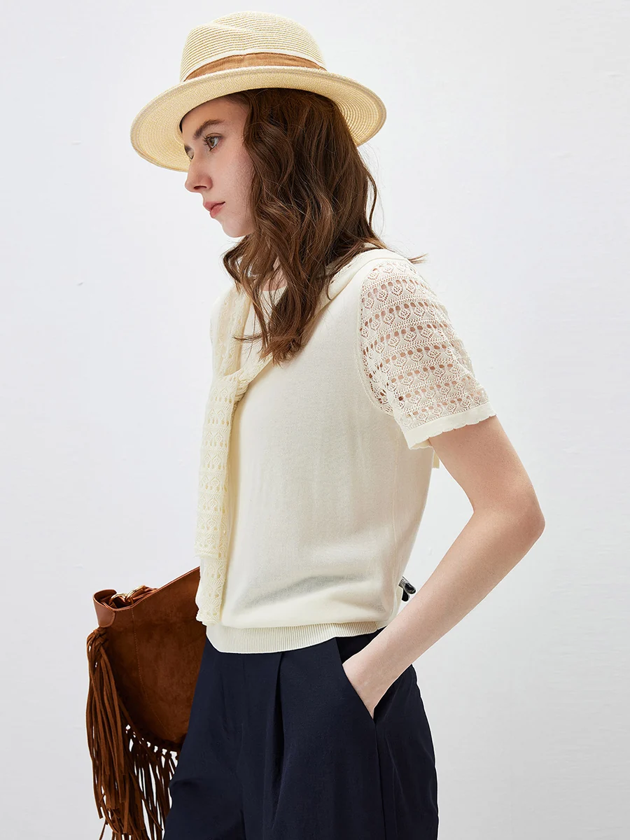 Women's Lace Round Neck Knit T-Shirt - Image 7