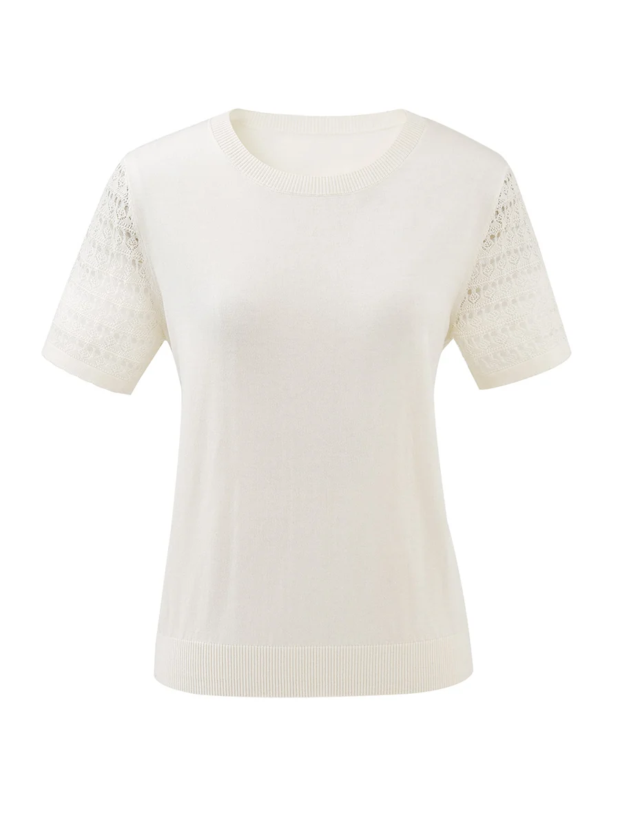 Women's Lace Round Neck Knit T-Shirt - Image 9