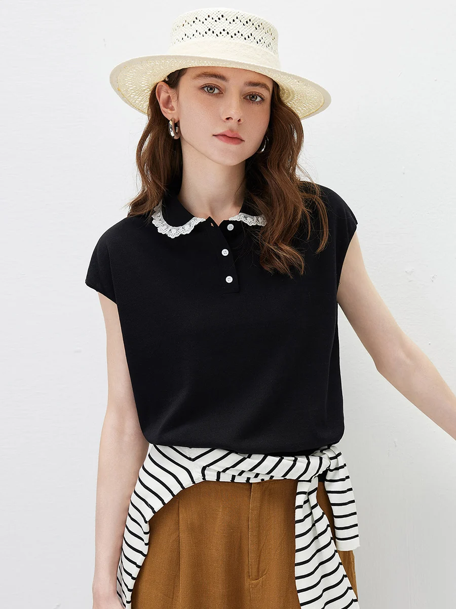 Women's Lace Trim Collar Knit Polo T-Shirt - Image 15
