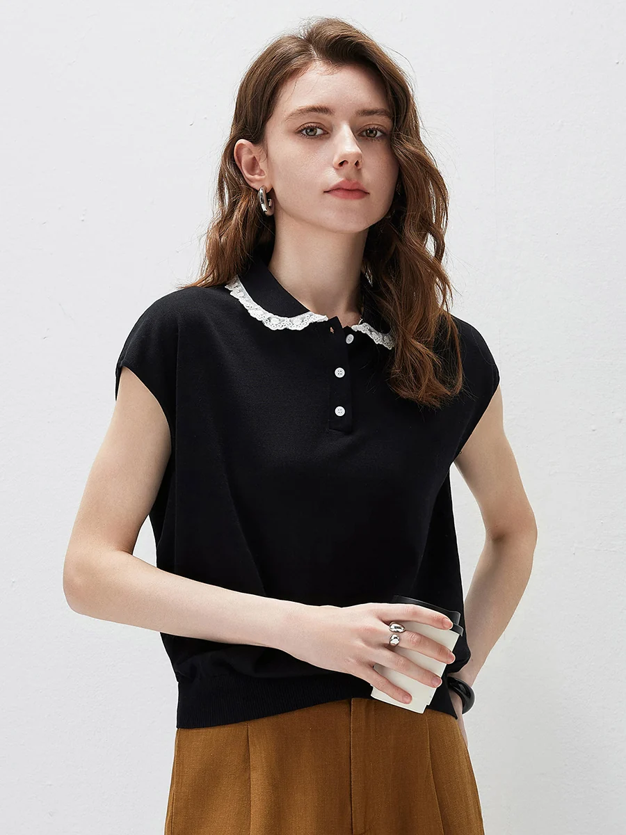 Women's Lace Trim Collar Knit Polo T-Shirt - Image 16