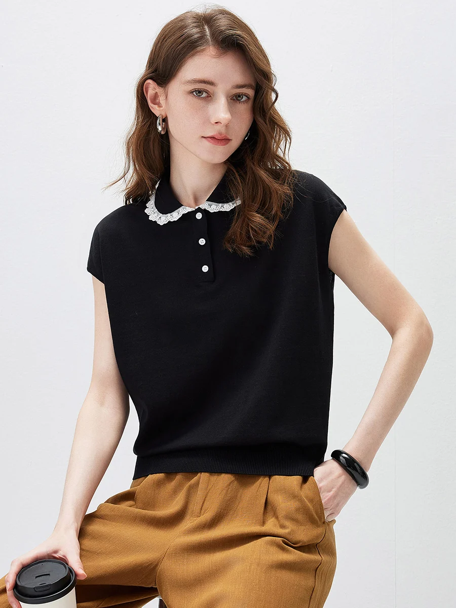 Women's Lace Trim Collar Knit Polo T-Shirt - Image 17