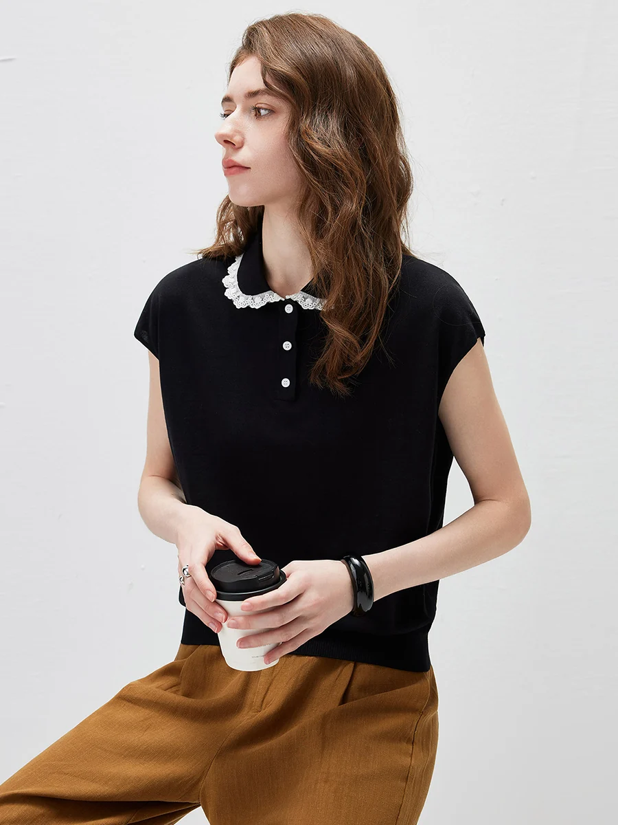 Women's Lace Trim Collar Knit Polo T-Shirt - Image 18