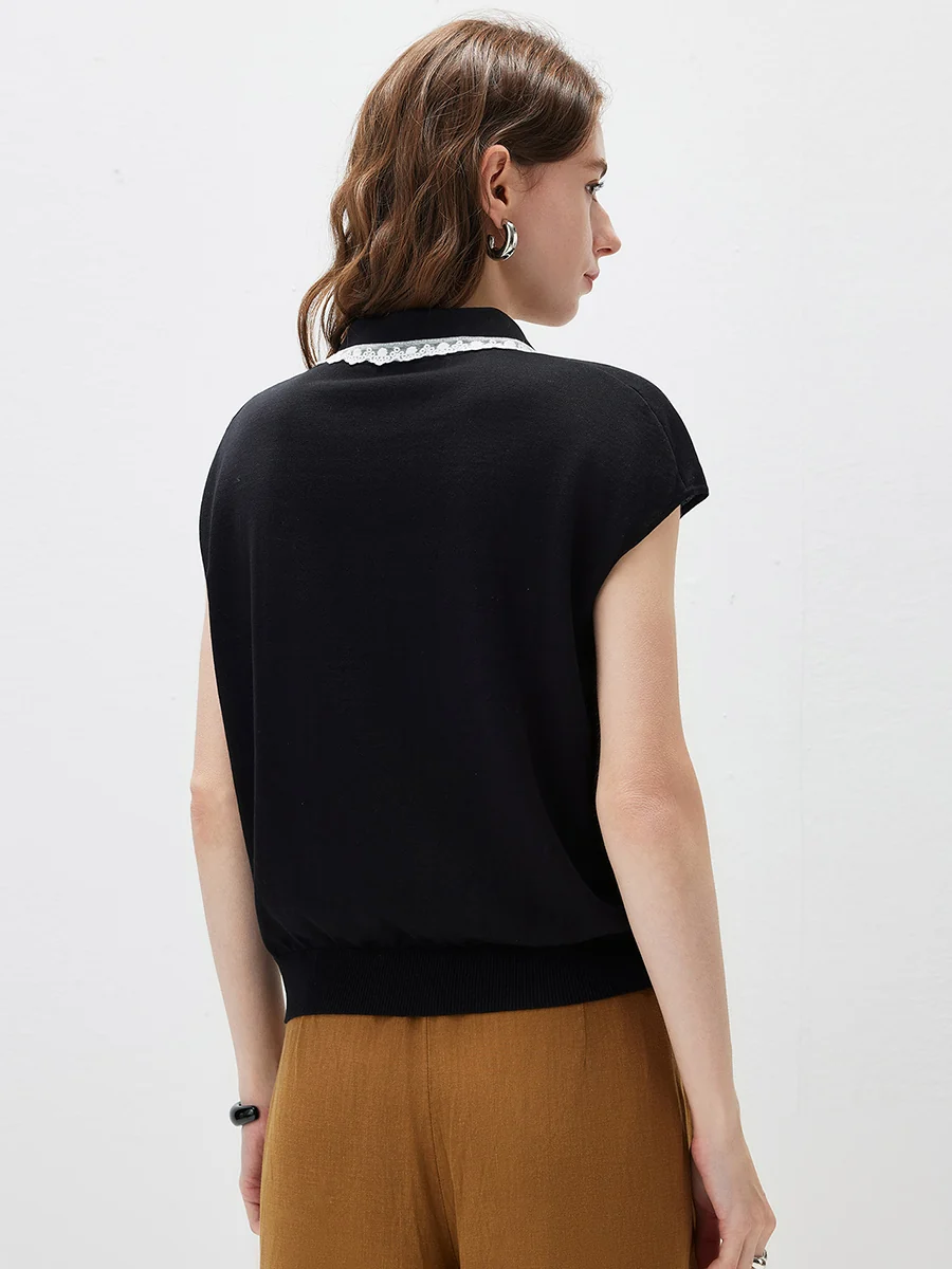 Women's Lace Trim Collar Knit Polo T-Shirt - Image 19