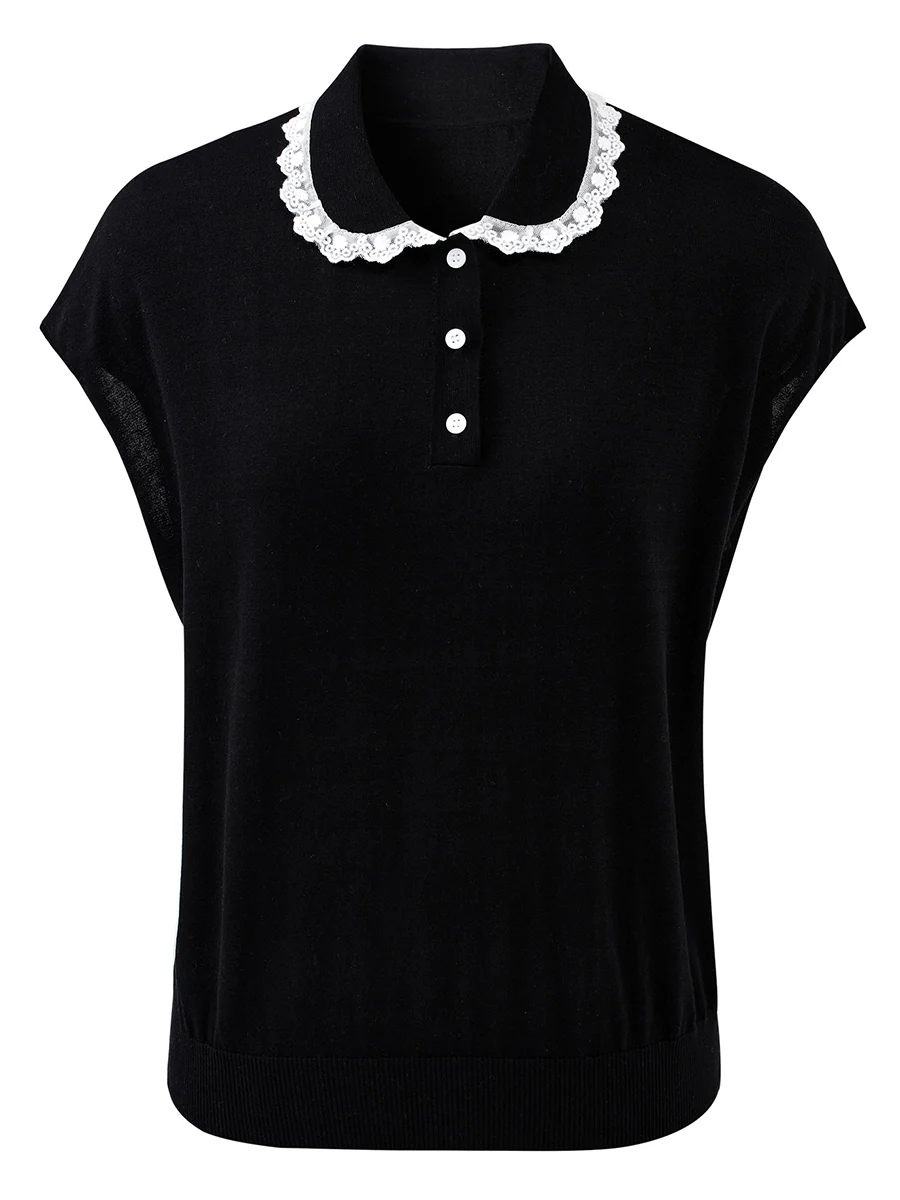Women's Lace Trim Collar Knit Polo T-Shirt - Image 20
