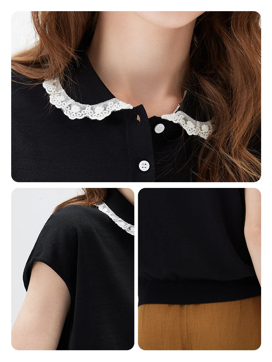 Women's Lace Trim Collar Knit Polo T-Shirt - Image 21