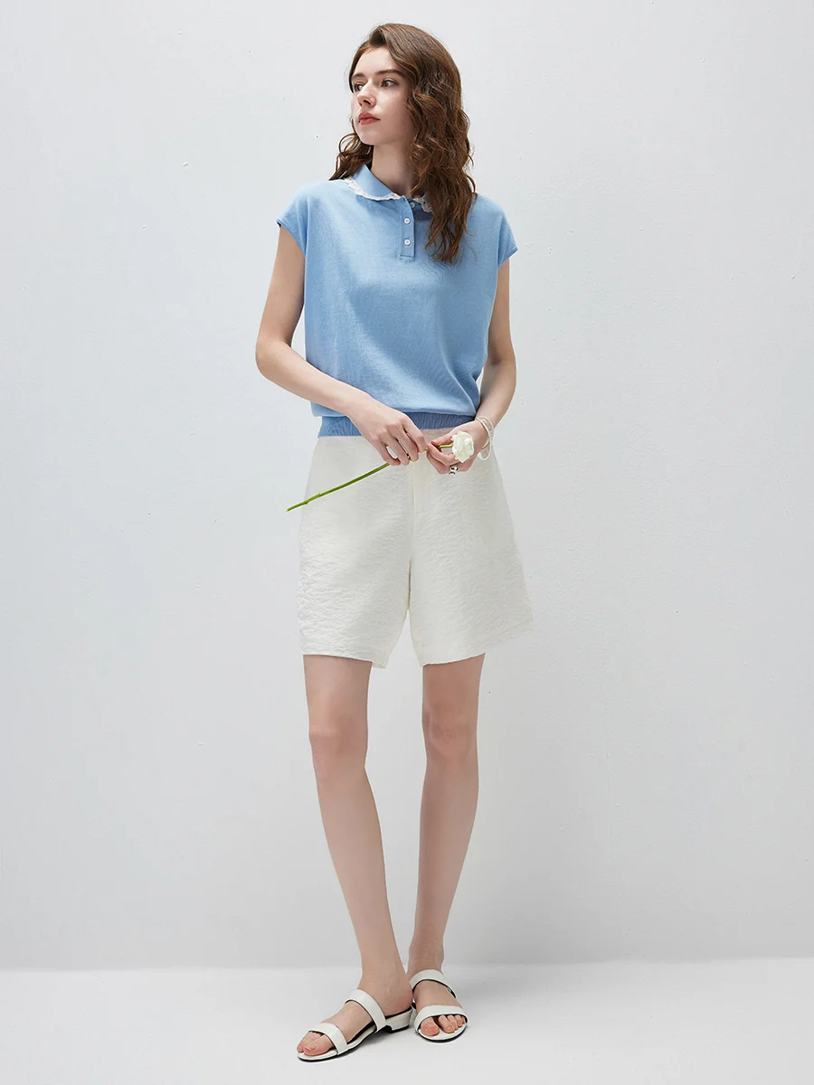 Women's Lace Trim Collar Knit Polo T-Shirt - Image 3