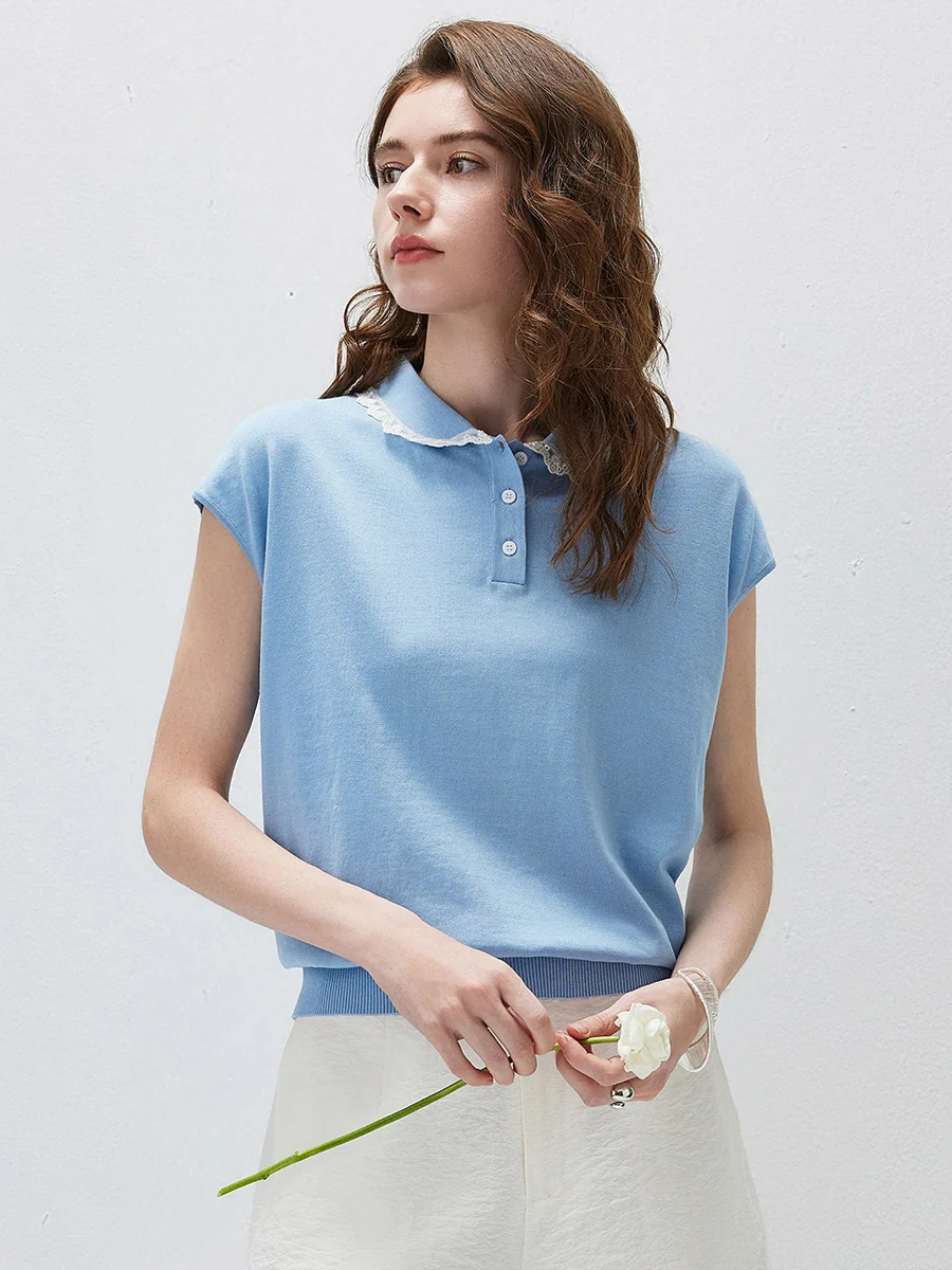 Women's Lace Trim Collar Knit Polo T-Shirt - Image 4