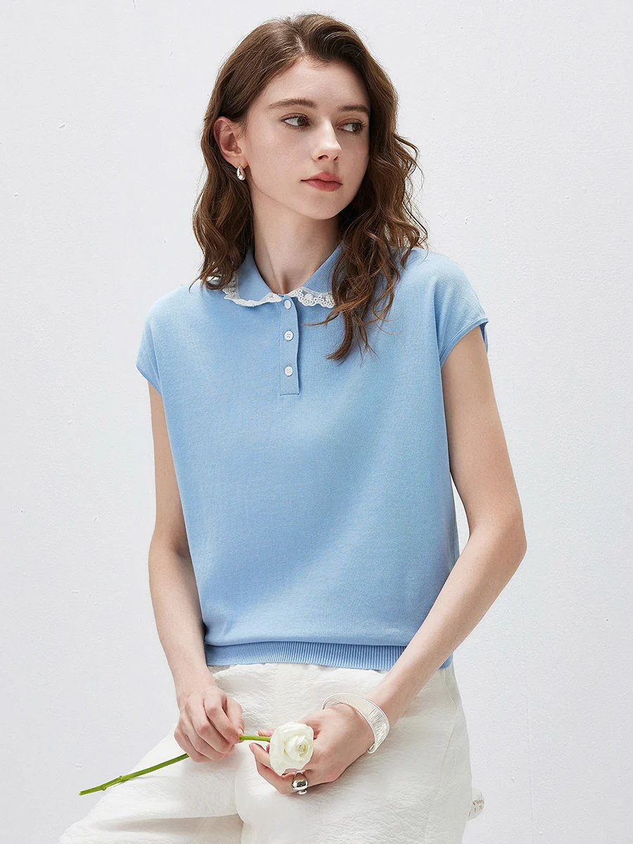 Women's Lace Trim Collar Knit Polo T-Shirt - Image 5