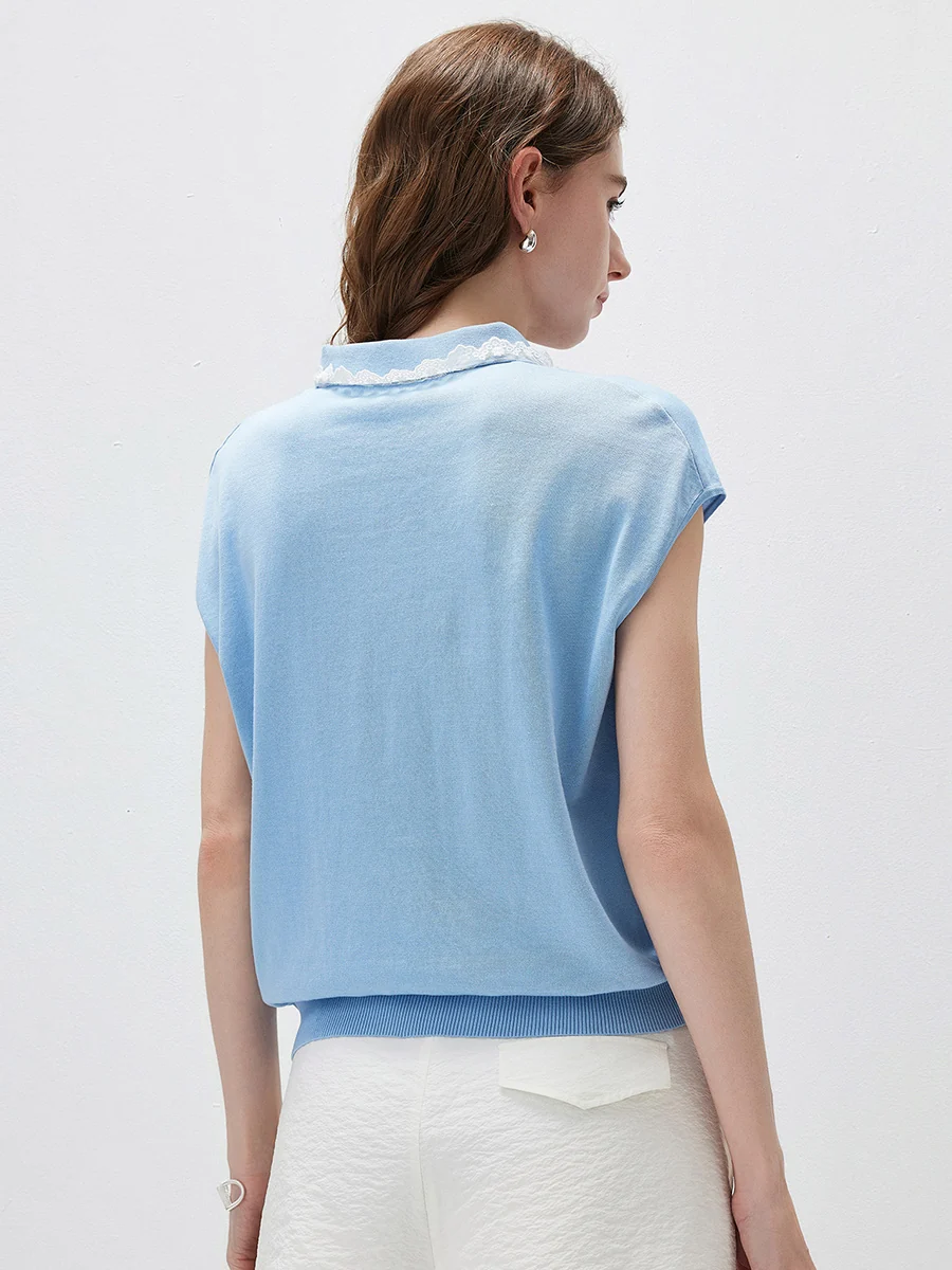 Women's Lace Trim Collar Knit Polo T-Shirt - Image 6