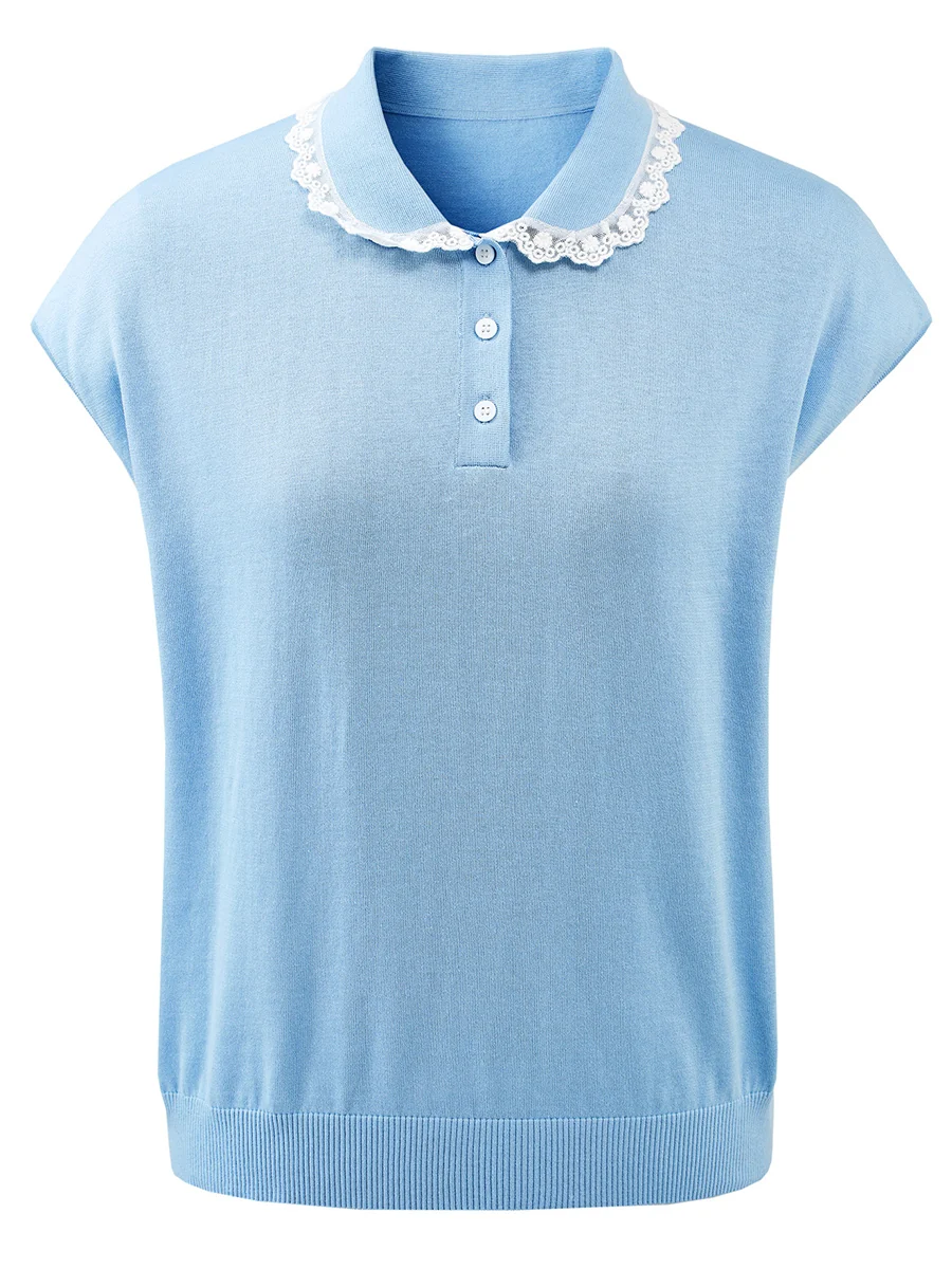 Women's Lace Trim Collar Knit Polo T-Shirt - Image 7