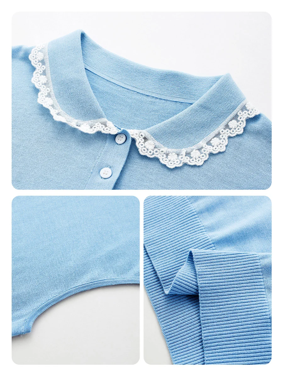 Women's Lace Trim Collar Knit Polo T-Shirt - Image 8