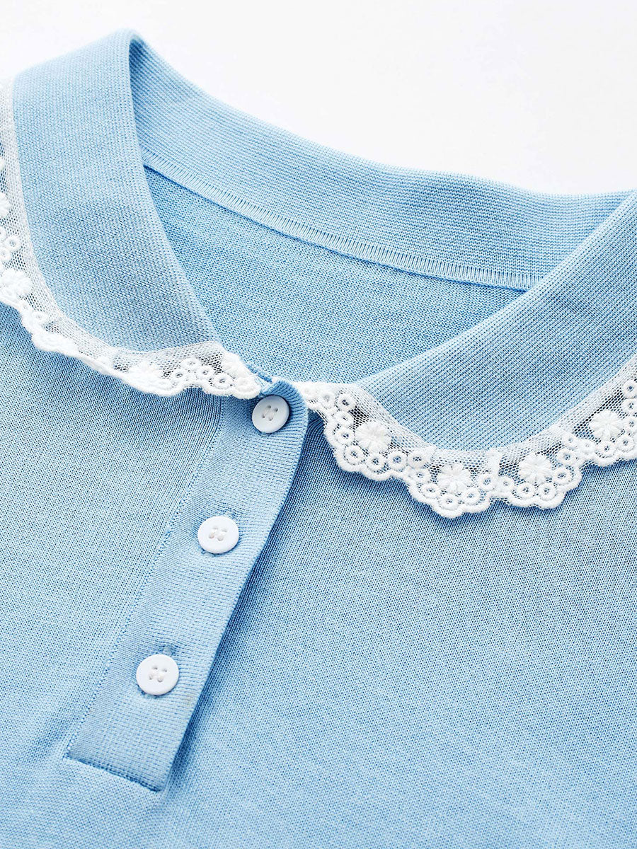 Women's Lace Trim Collar Knit Polo T-Shirt - Image 9