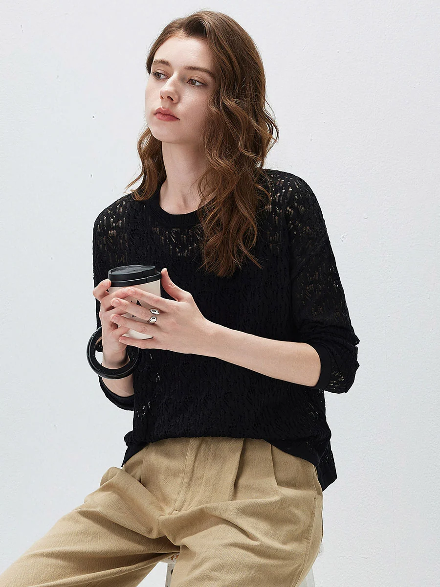 Women's Openwork Round Neck Knit Sweater - Image 3