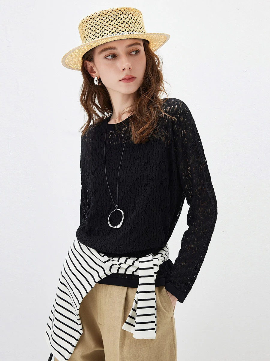 Women's Openwork Round Neck Knit Sweater - Image 4