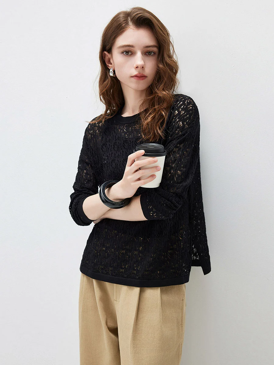 Women's Openwork Round Neck Knit Sweater - Image 5