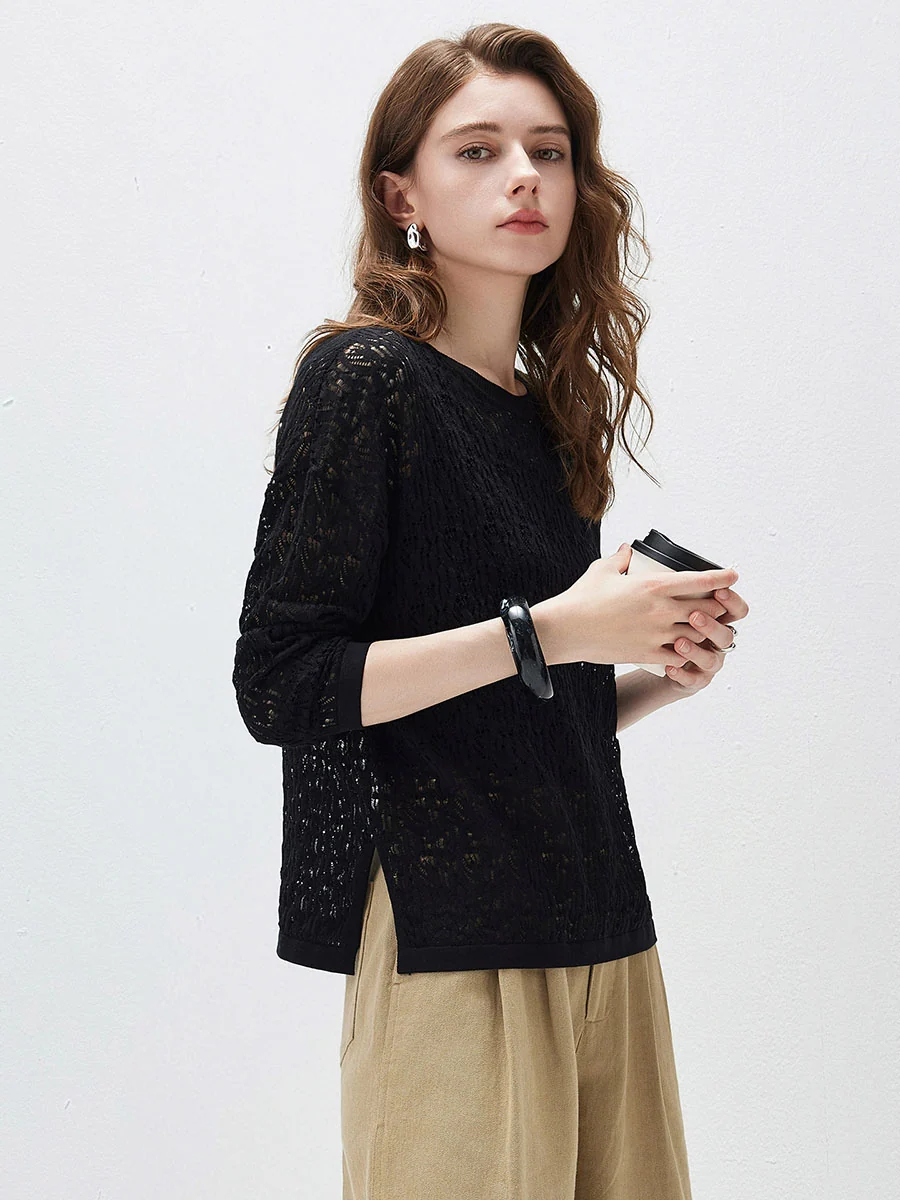 Women's Openwork Round Neck Knit Sweater - Image 6