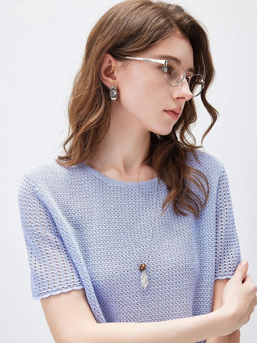 Women's Openwork Round Neck Knit T-Shirt - Image 17