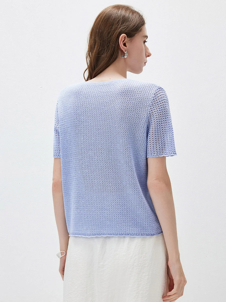 Women's Openwork Round Neck Knit T-Shirt - Image 18
