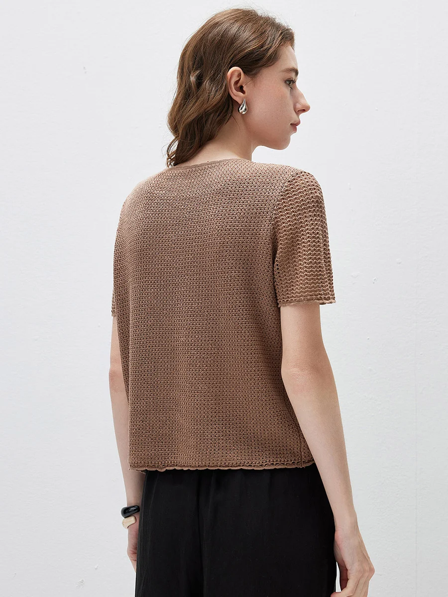 Women's Openwork Round Neck Knit T-Shirt - Image 21