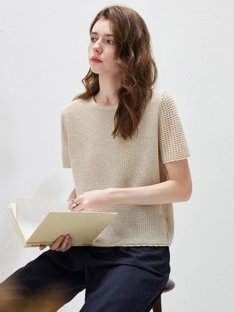Women's Openwork Round Neck Knit T-Shirt - Image 23