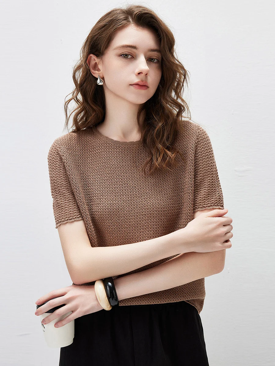 Women's Openwork Round Neck Knit T-Shirt - Image 3