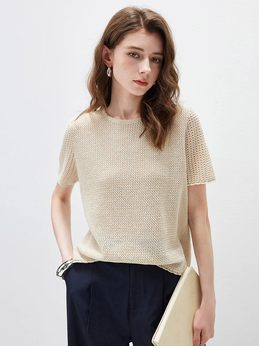 Women's Openwork Round Neck Knit T-Shirt - Image 5