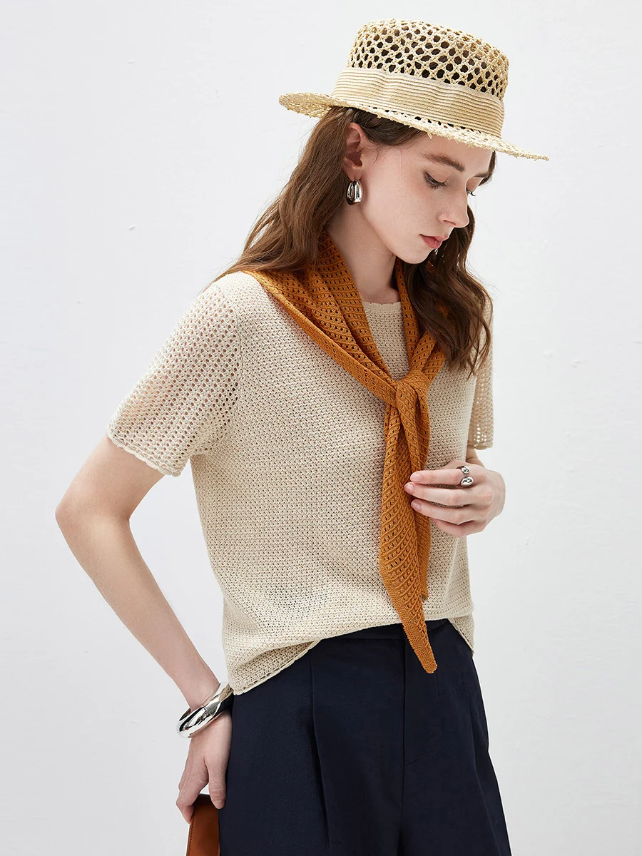 Women's Openwork Round Neck Knit T-Shirt - Image 6