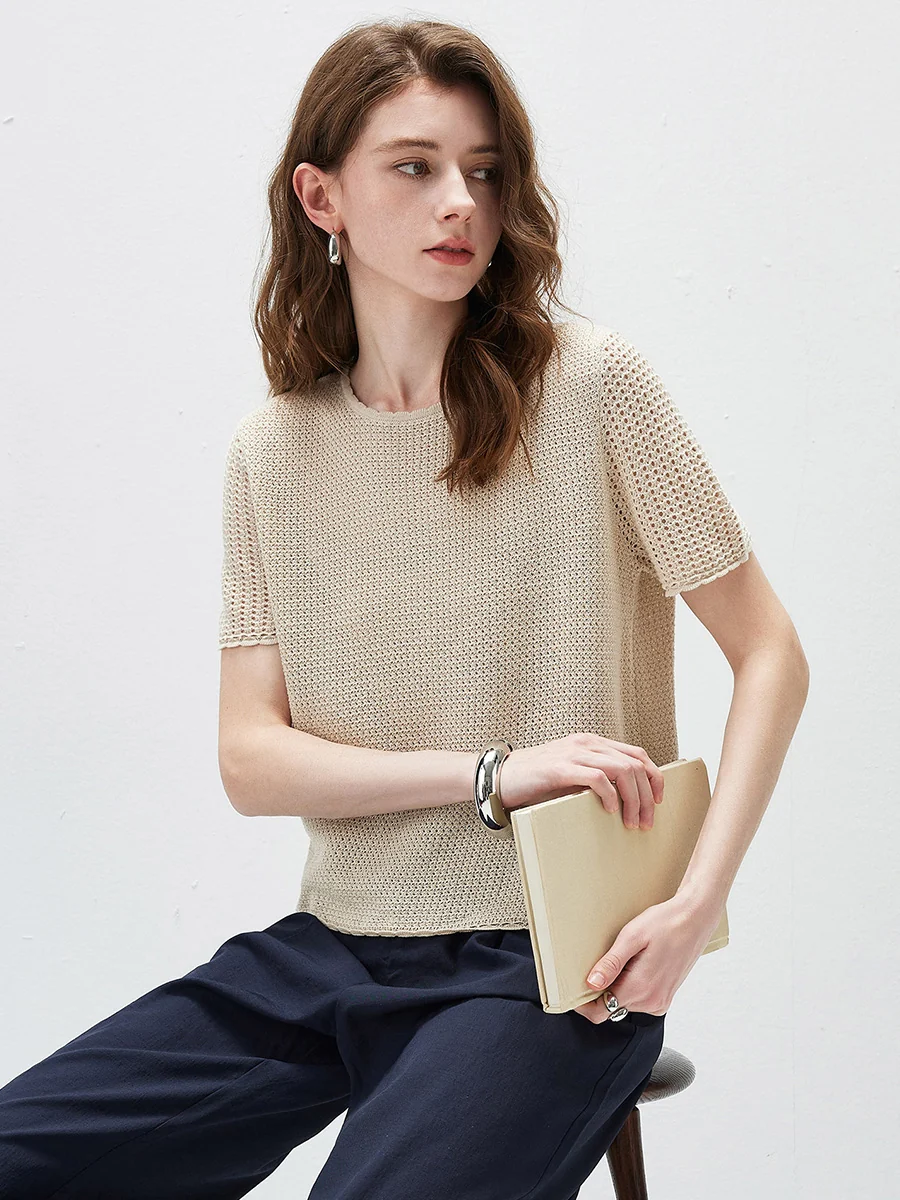 Women's Openwork Round Neck Knit T-Shirt - Image 7