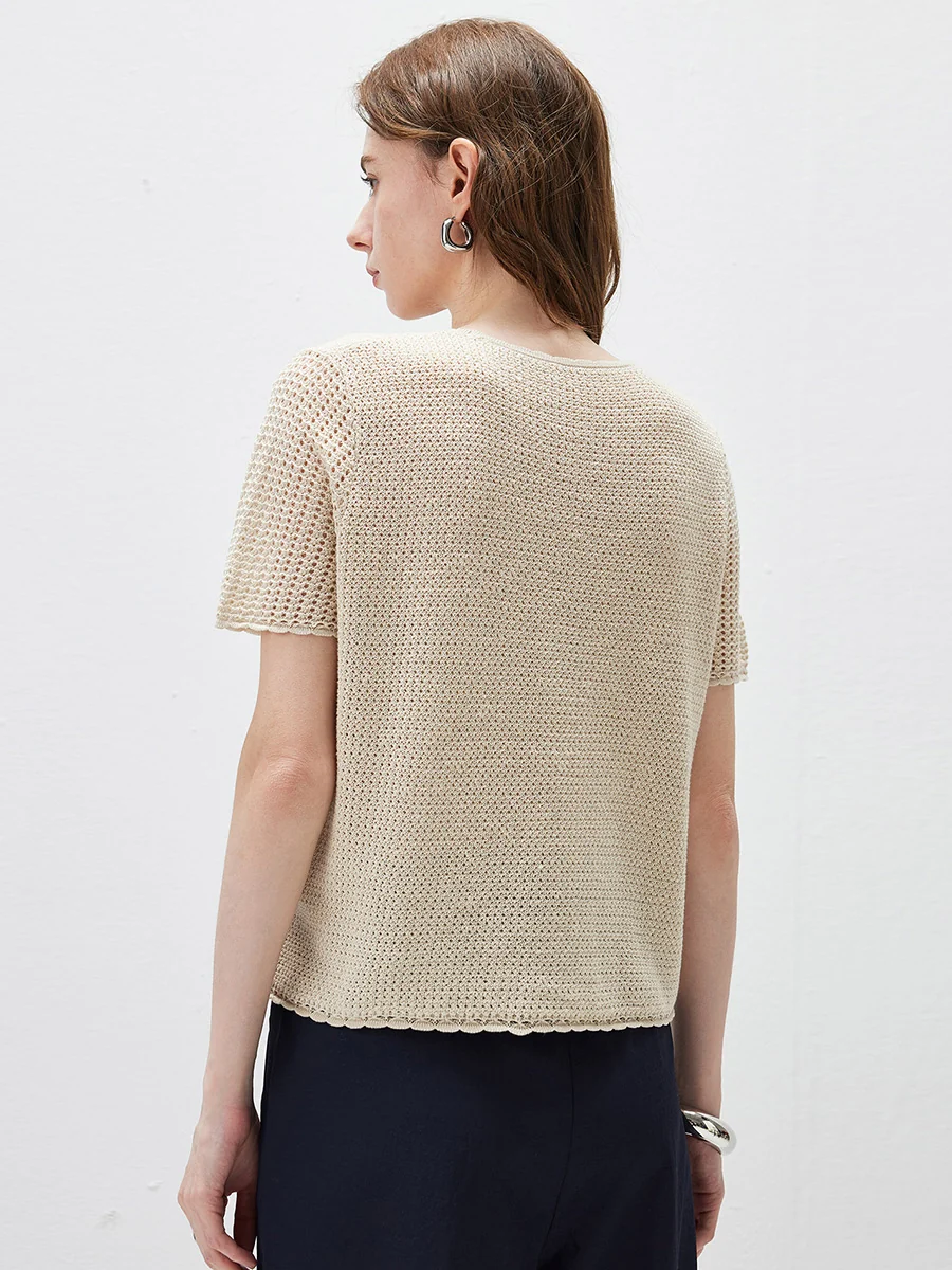 Women's Openwork Round Neck Knit T-Shirt - Image 8