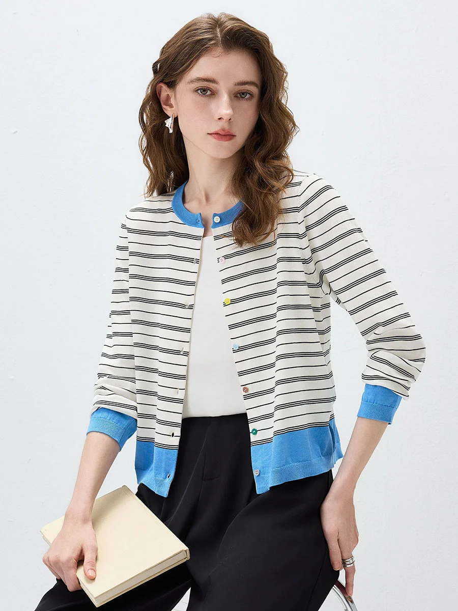 Women's Striped Color Block Button Front Cardigan - Image 4