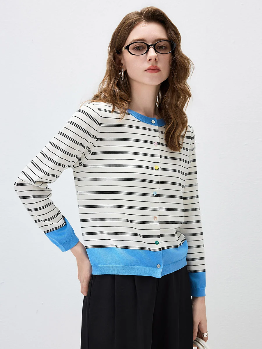 Women's Striped Color Block Button Front Cardigan - Image 5