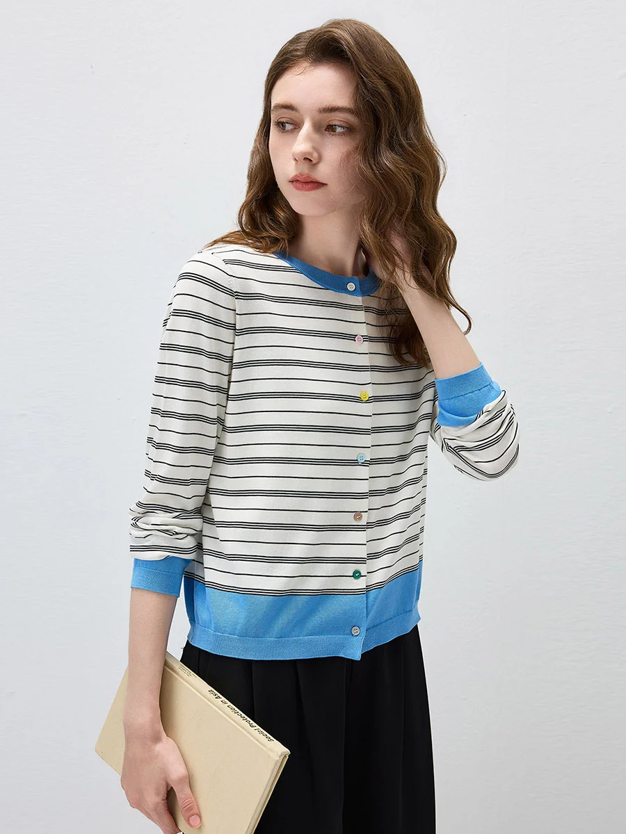 Women's Striped Color Block Button Front Cardigan - Image 6