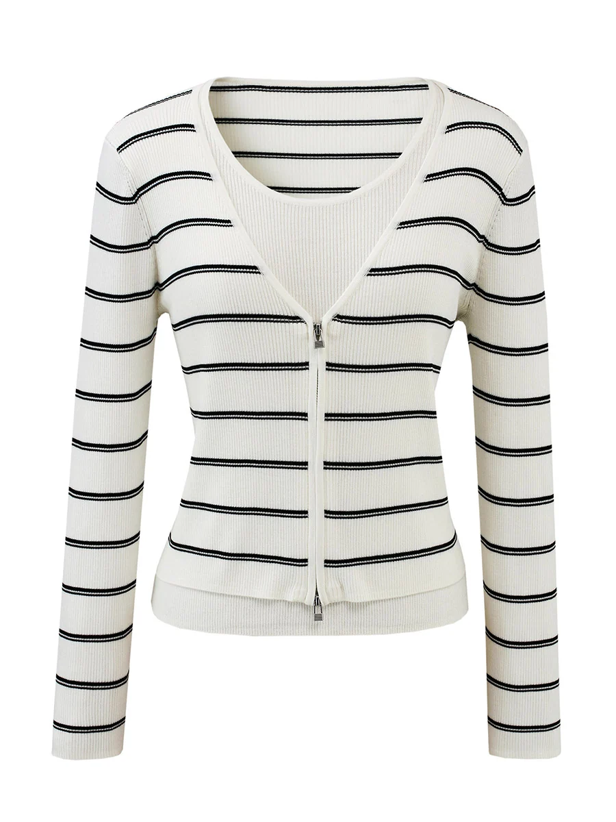 Women's Striped Ribbed Knit Faux  2-in-1 Zip Cardigan - Image 10