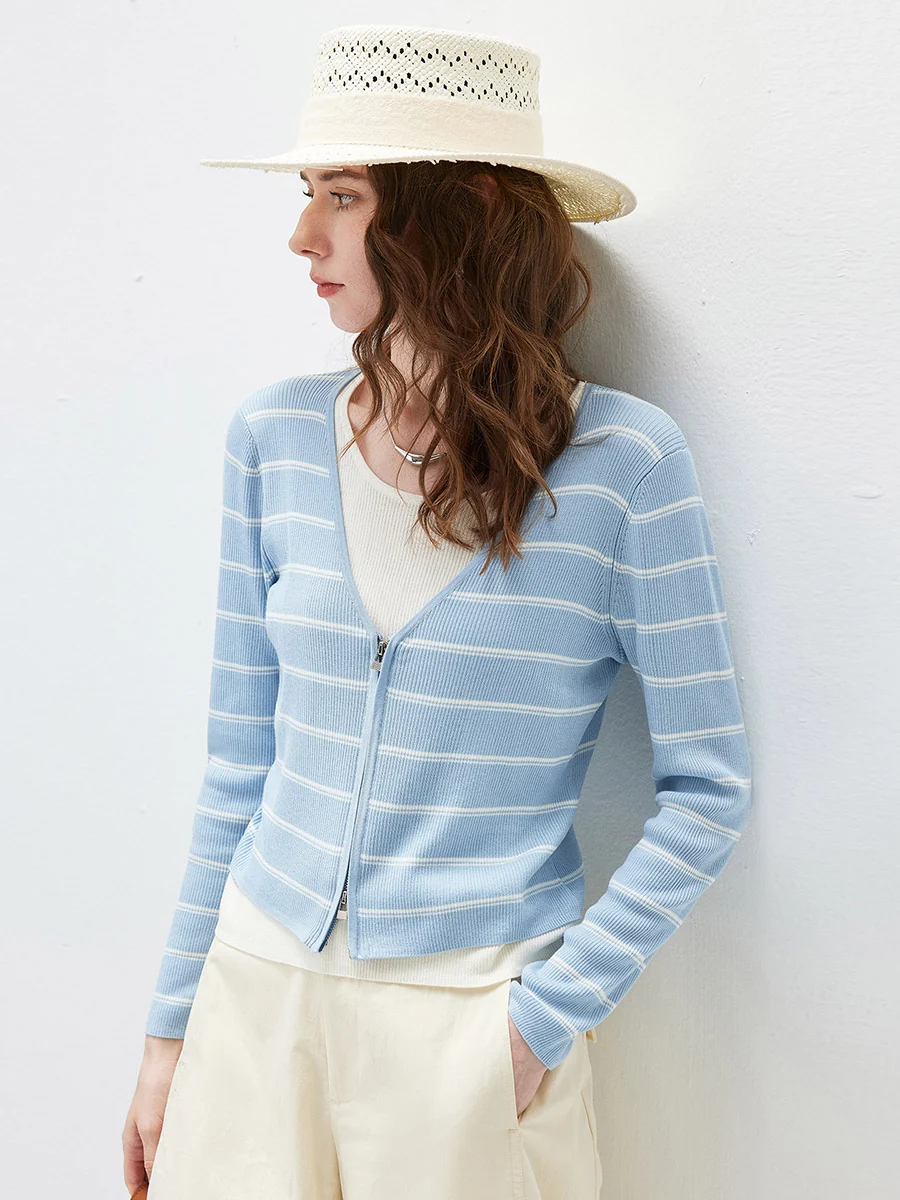Women's Striped Ribbed Knit Faux  2-in-1 Zip Cardigan - Image 18