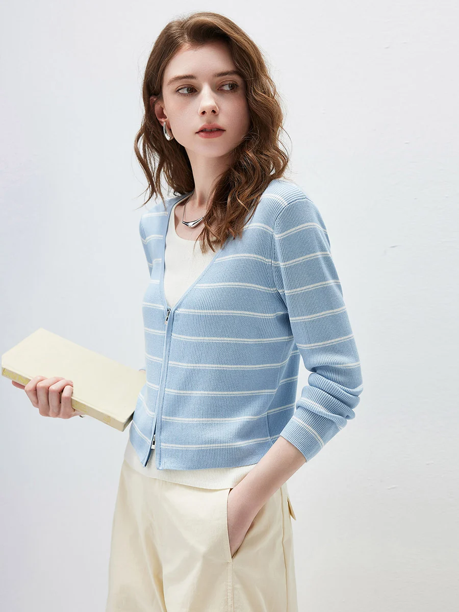 Women's Striped Ribbed Knit Faux  2-in-1 Zip Cardigan - Image 19