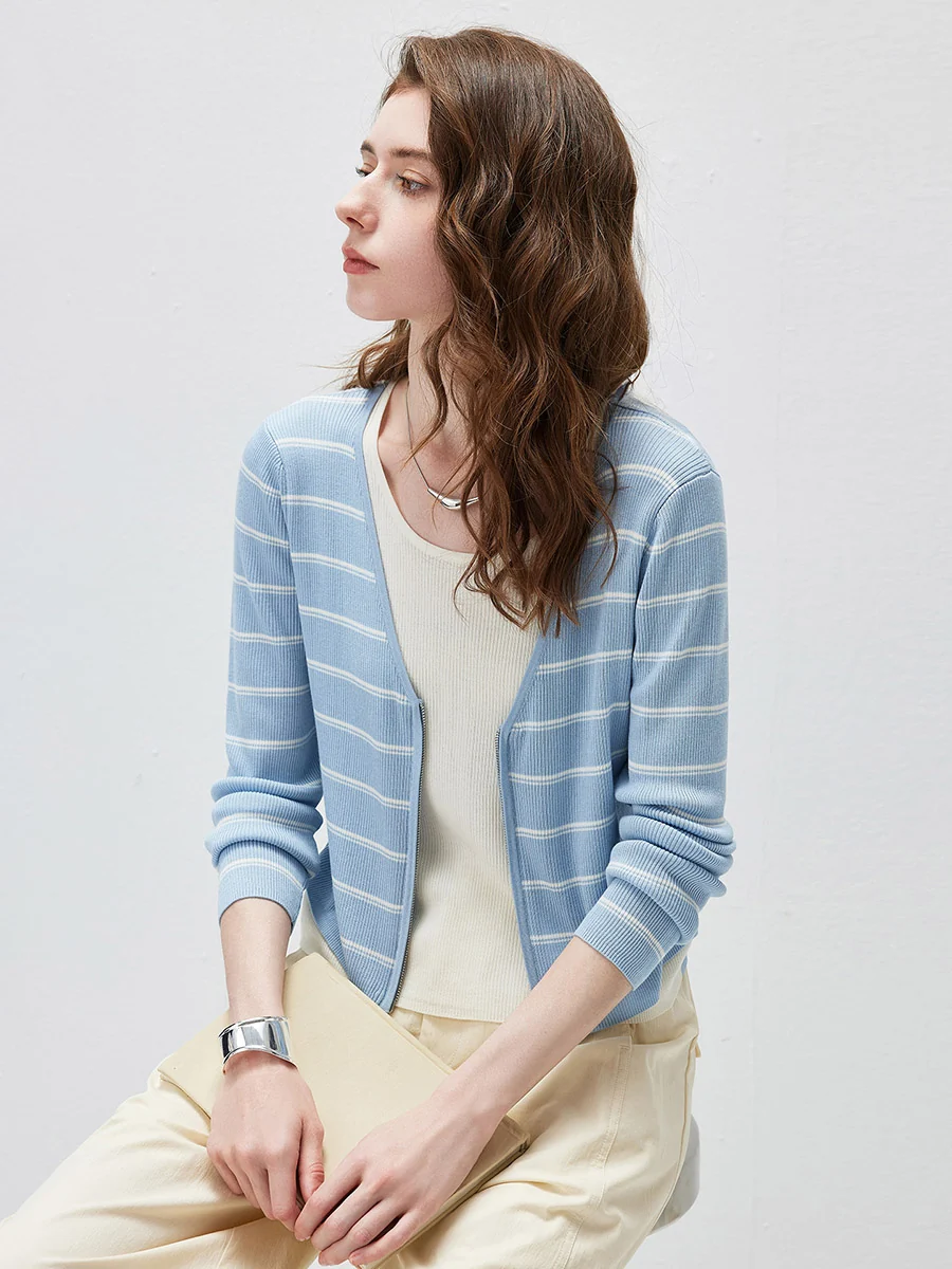 Women's Striped Ribbed Knit Faux  2-in-1 Zip Cardigan - Image 20