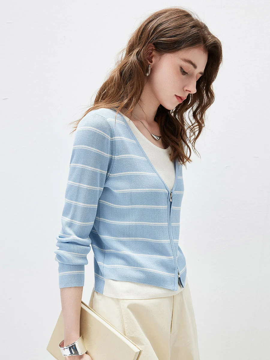 Women's Striped Ribbed Knit Faux  2-in-1 Zip Cardigan - Image 21