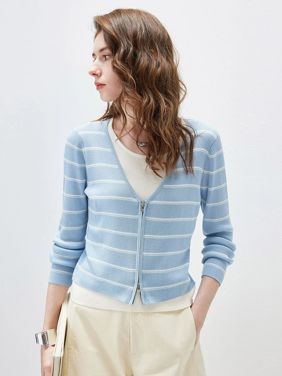 Women's Striped Ribbed Knit Faux  2-in-1 Zip Cardigan - Image 22