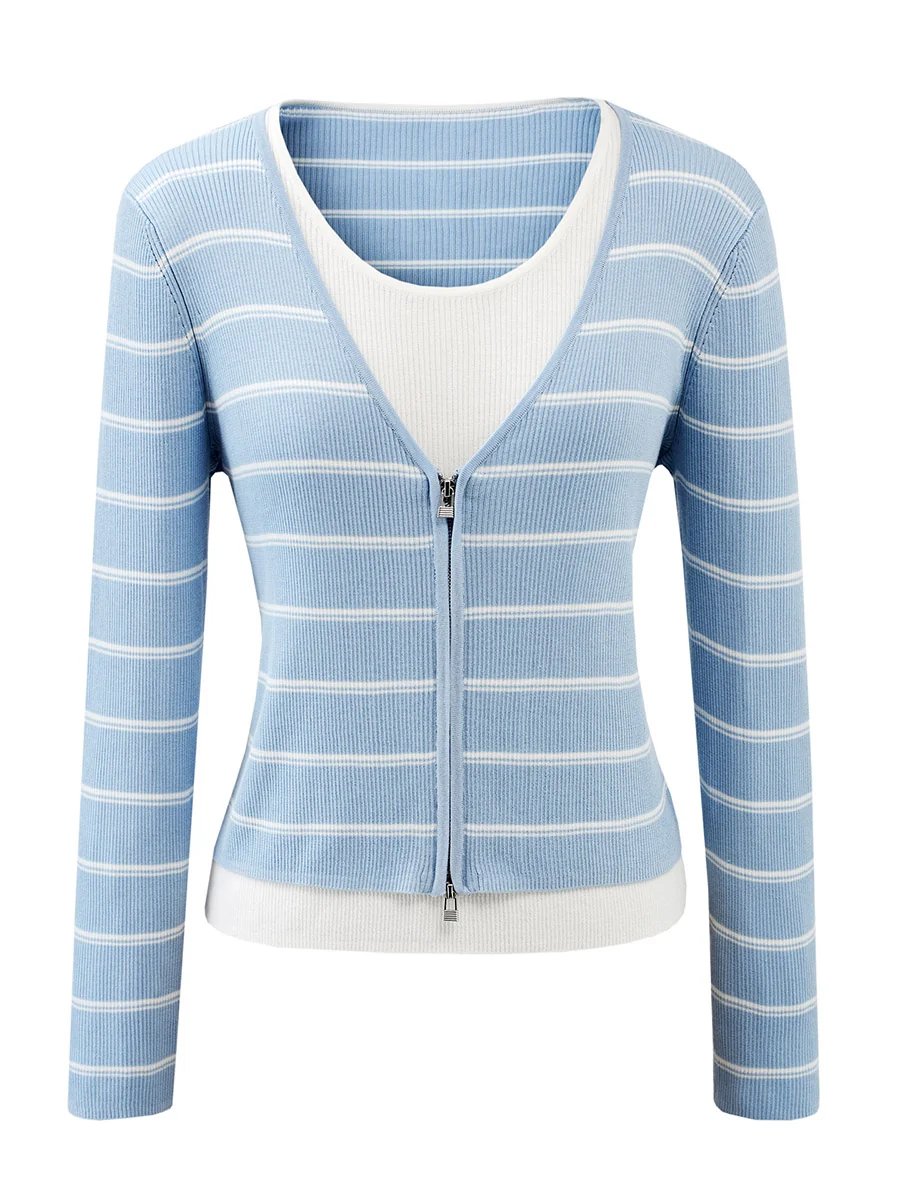 Women's Striped Ribbed Knit Faux  2-in-1 Zip Cardigan - Image 24