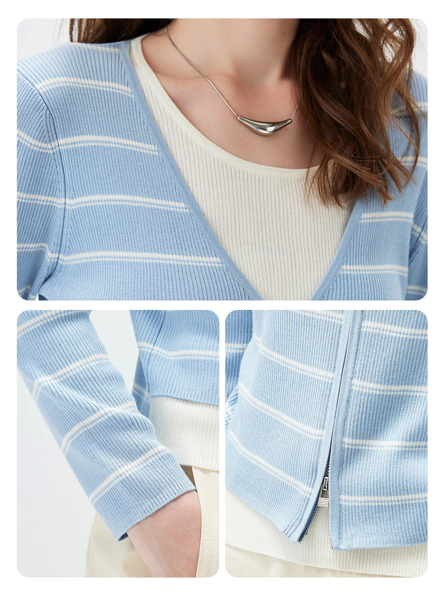 Women's Striped Ribbed Knit Faux  2-in-1 Zip Cardigan - Image 27