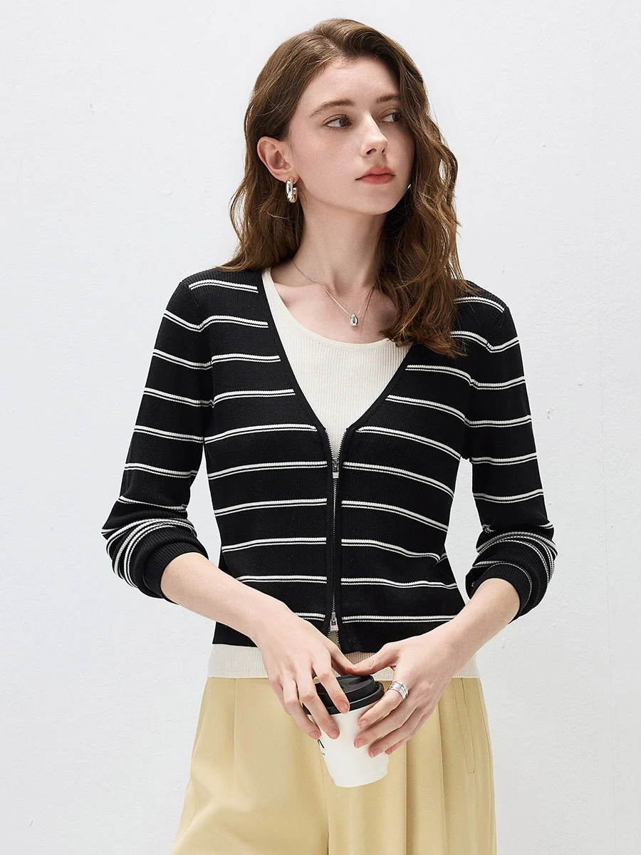 Women's Striped Ribbed Knit Faux  2-in-1 Zip Cardigan - Image 29